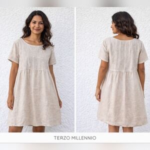 Terzo Millennio Embroidered Bodice 100% Linen " Long Shift Dress in Taupe sz XL
